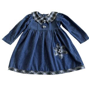 Buster Brown Girls 6 Denim Dress Floral Green Plaid Accents Embroidered Vtg USA